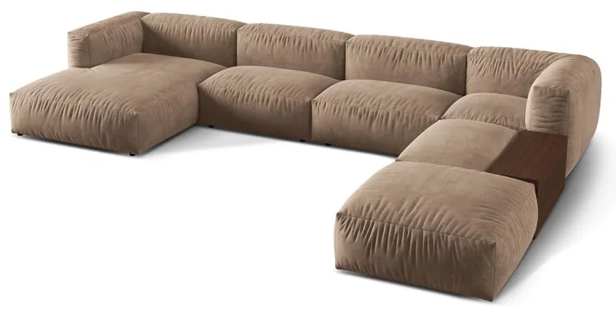 Divano angolare componibile marrone chiaro (con penisola a destra/a U) con rivestimento in velluto Martina – Micadoni