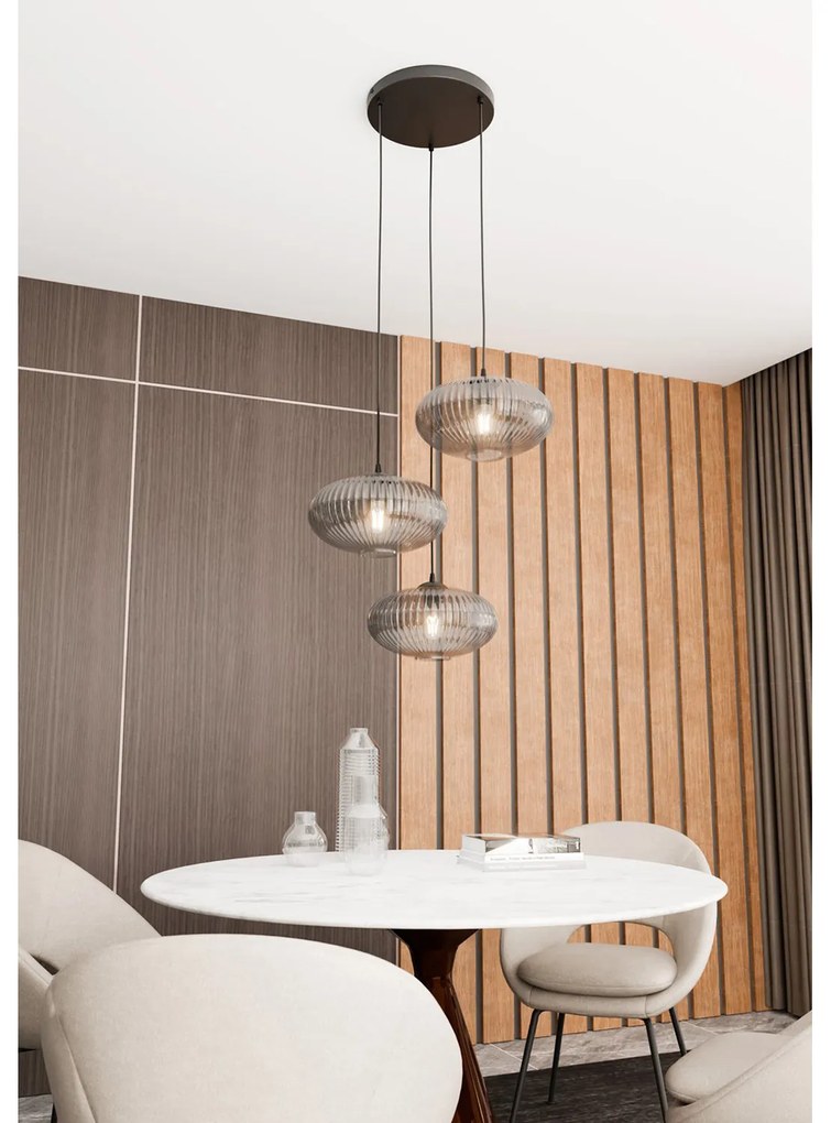 Lampadario 3 Luci Iris Base Tonda In Acciaio Nero Paralume Plissettato Fumè