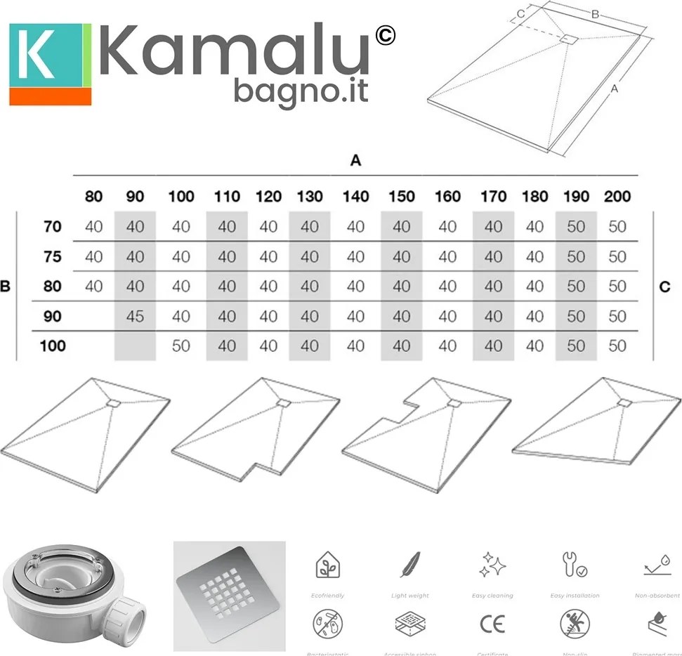 Piatto doccia pietra 80x100 colore tortora | KAM-CP100 - KAMALU