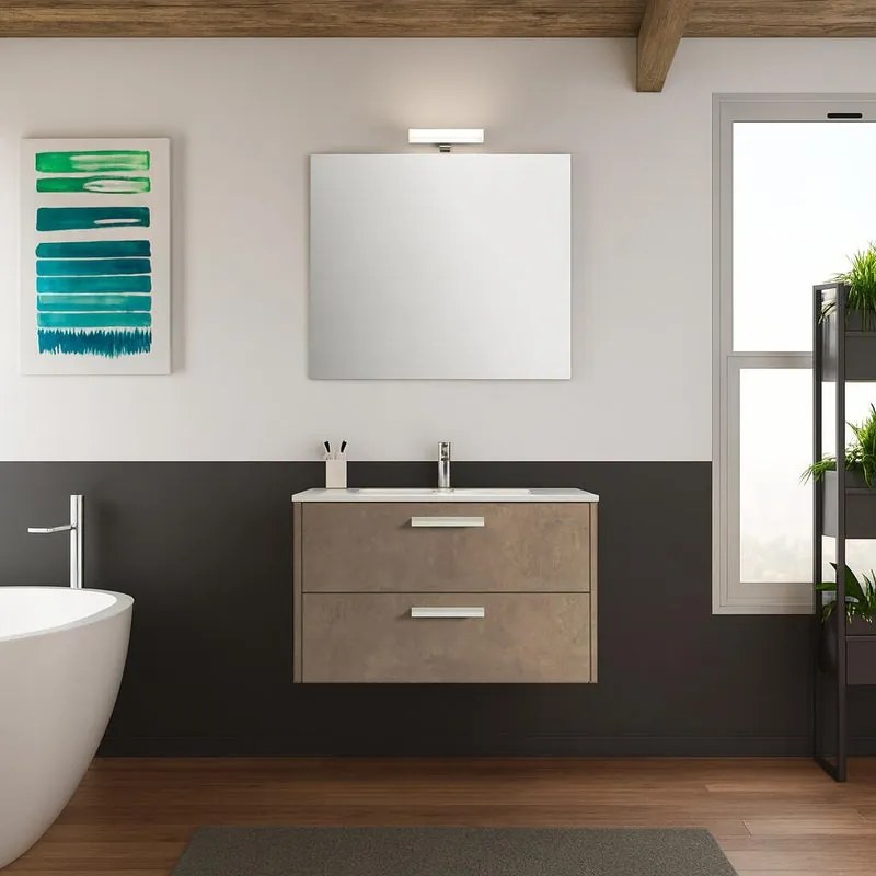 Mobile bagno sospeso con lavabo e specchio L 79.5 x H 50 x P 45.5 cm bronzo 2 cassetti per vasca centrale Panama