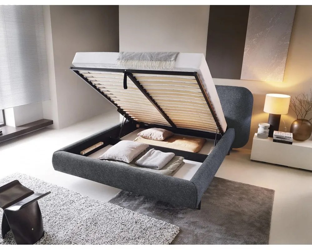 Letto matrimoniale imbottito blu con contenitore e rete inclusi 140x200 cm Pointt – ELTAP