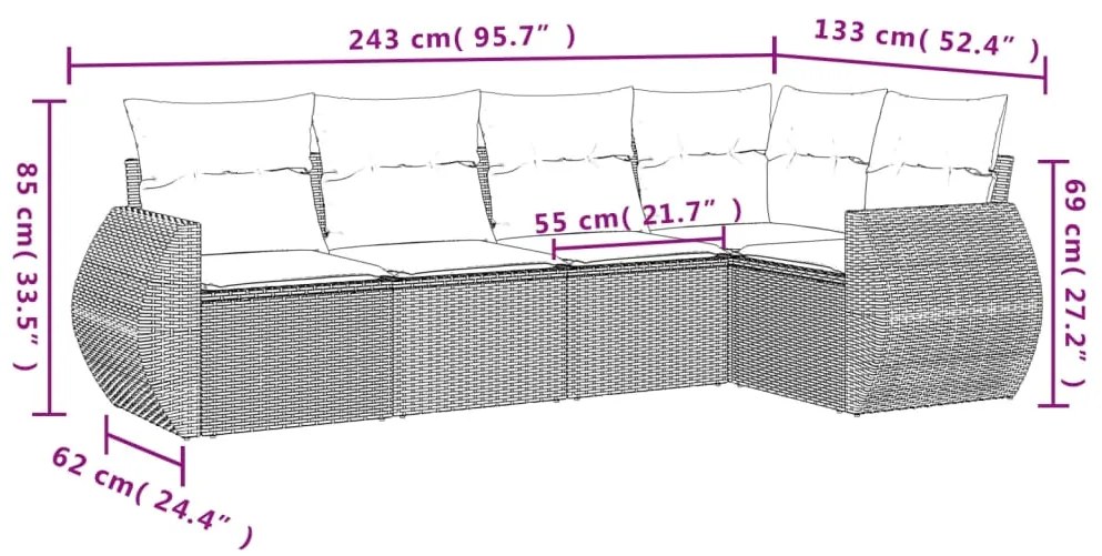 Set divano da giardino 5 pz con cuscini grigio in polyrattan