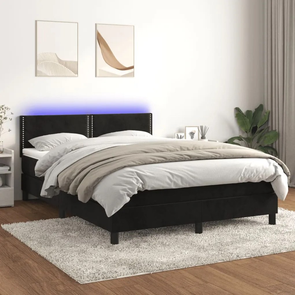 Letto a molle con materasso e led nero 140x200 cm in velluto