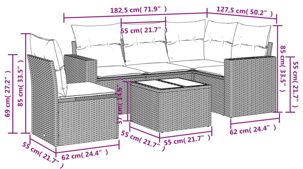 Set divano da giardino 6 pz con cuscini nero in polyrattan