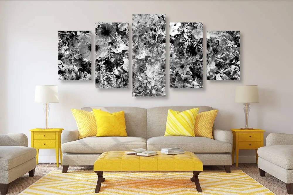 Quadri 5 pezzi – Fiori in bianco e nero
