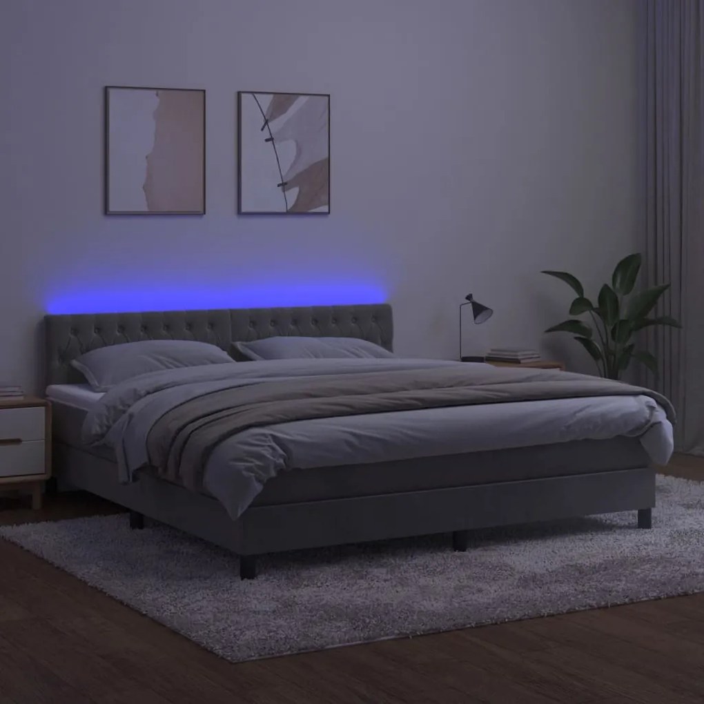 Letto a Molle Materasso e LED Grigio Chiaro 180x200 cm Velluto