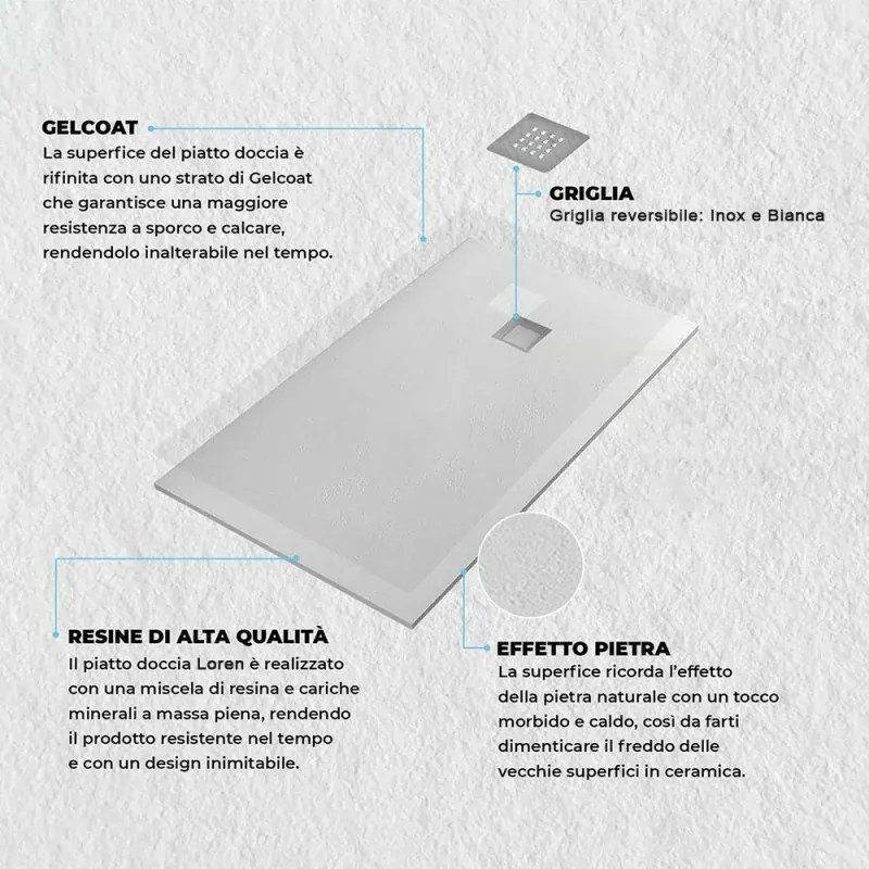 Piatto doccia resina 80x100 semicircolare destro bianco pietra riducibile Loren