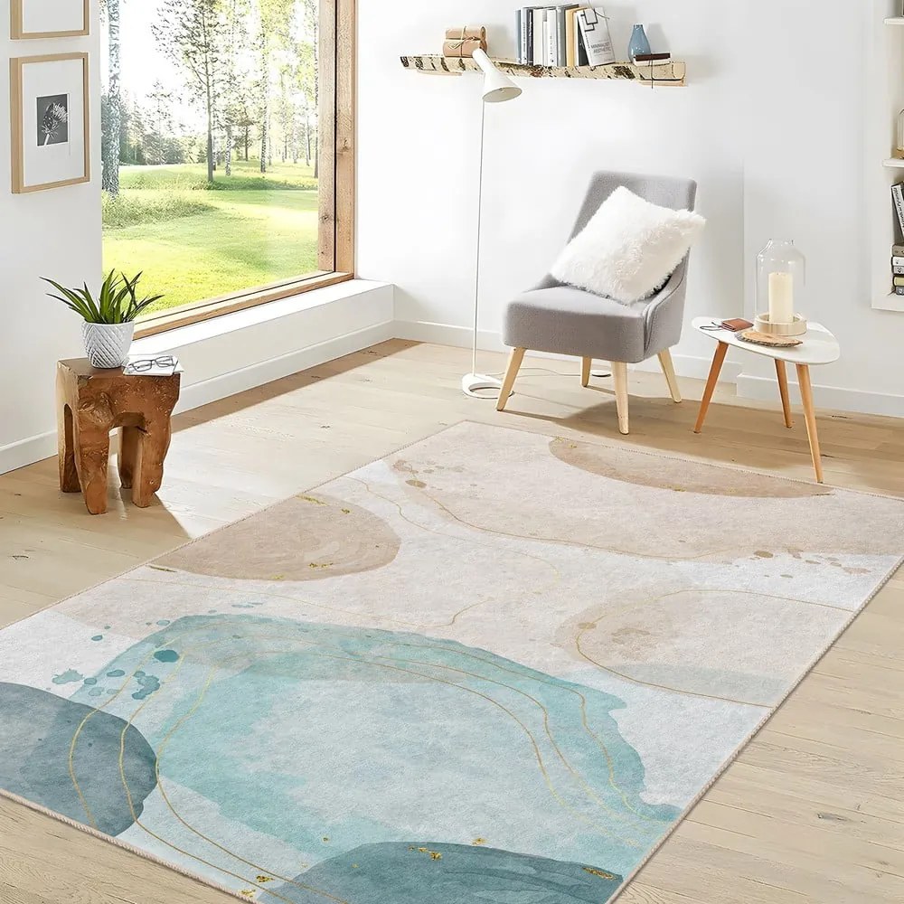 Passatoia color crema/turchese lavabile 80x200 cm Puddle – Mila Home