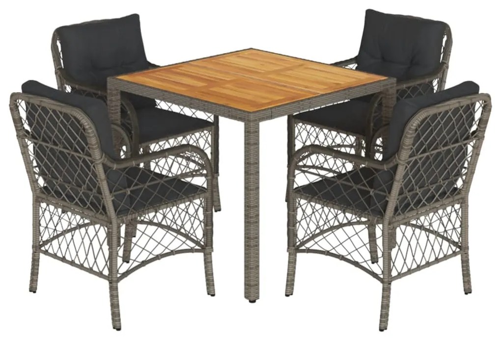 Set da pranzo da giardino 5 pz con cuscini in polyrattan grigio