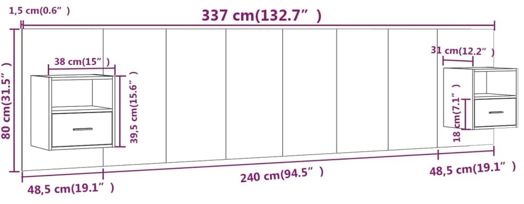 Testiera Letto con Comodini Rovere Fumo in Legno Multistrato