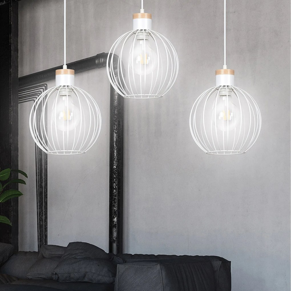 Lampadario 3 Luci Morgana Paralumi A Gabbia In Acciaio Bianco E Legno Naturale