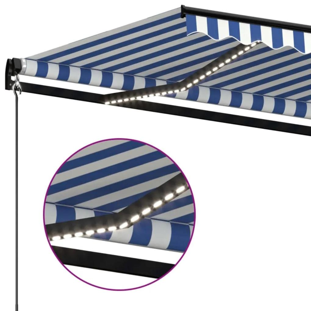 Tenda da Sole Retrattile Manuale con LED 400x350 cm Blu Bianco