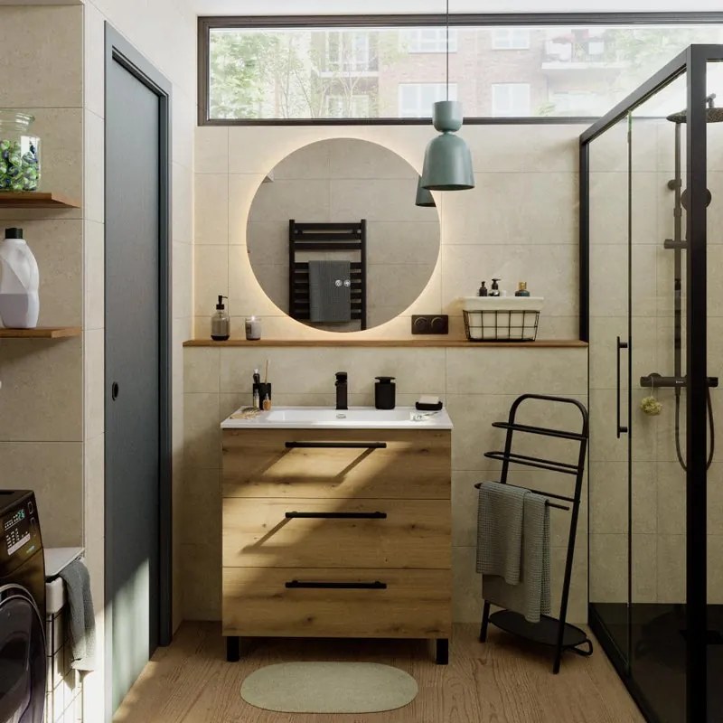 Mobile bagno a terra con lavabo L 80 x H 73 x P 45 cm rovere rustico truciolare 3 cassetti | Remix