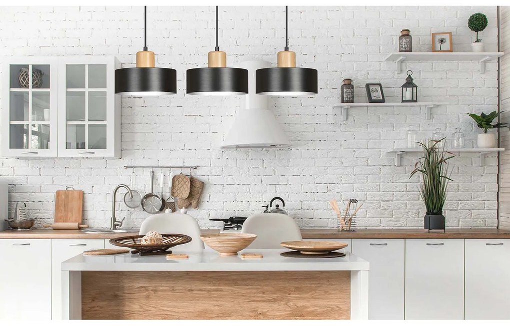 Sospensione Nordica 3 Luci Surya In Acciaio Nero E Legno