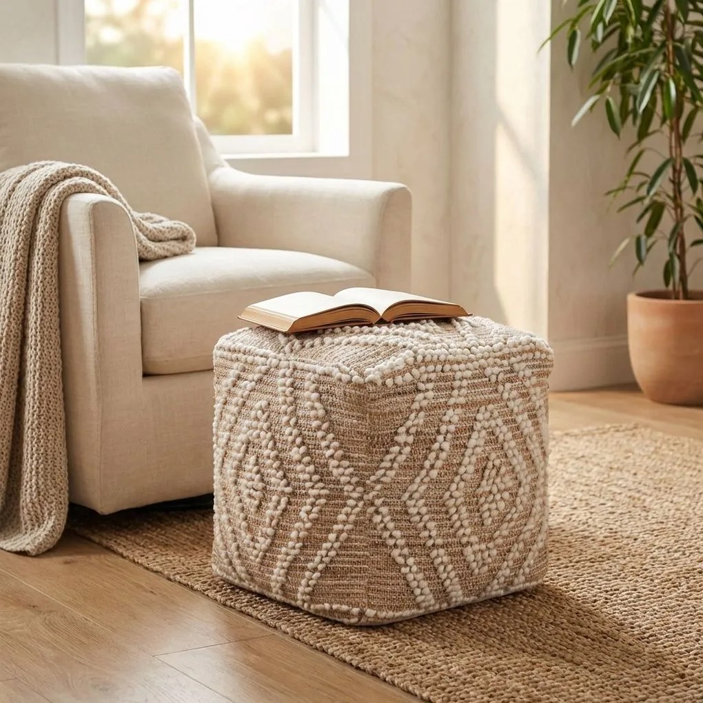 MEGAN - pouf in lana avorio con decoro 40 x 40