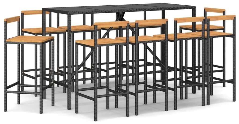 Set bar giardino 11 pz nero polyrattan e legno massello acacia