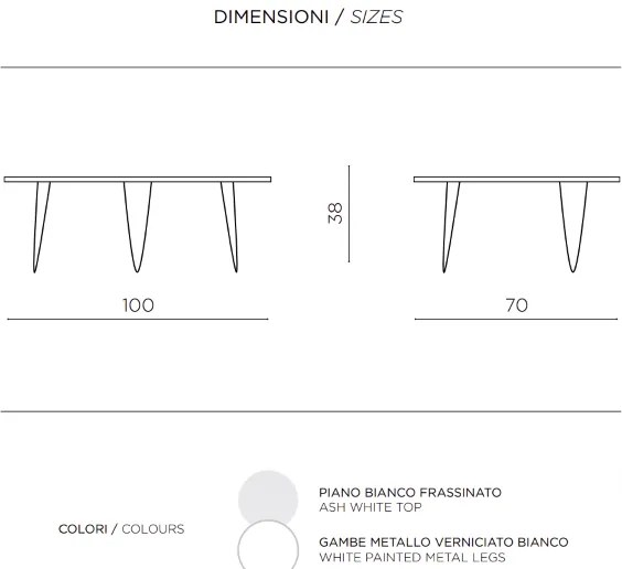 Tavolino NICO piano in legno sagomato Bianco Frassino gambe in metallo