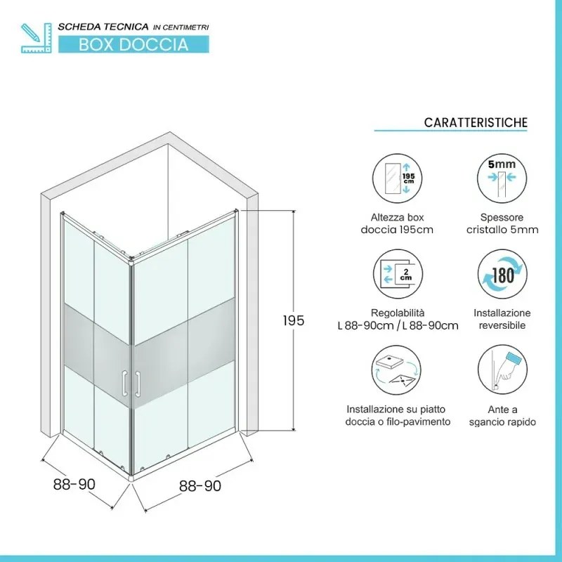 Box doccia angolare 90x90 in vetro temperato serigrafato doppio scorrevole con profili cromo Tay