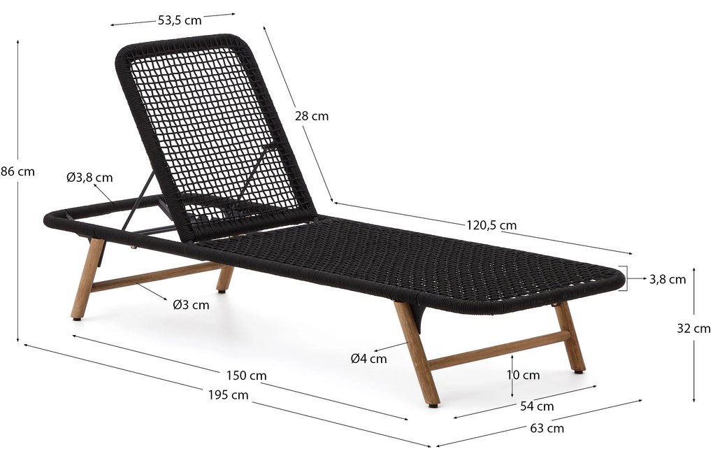 Kave Home - Lettino Dandara con struttura in acciaio a corda nera e gambe in legno massiccio di acacia