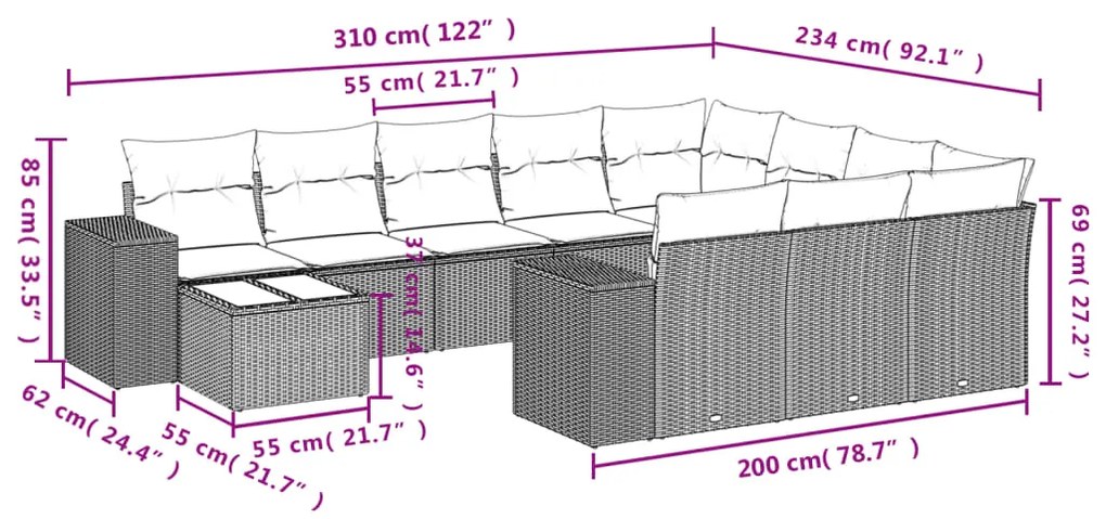 Set Divani da Giardino 11 pz con Cuscini in Polyrattan Nero