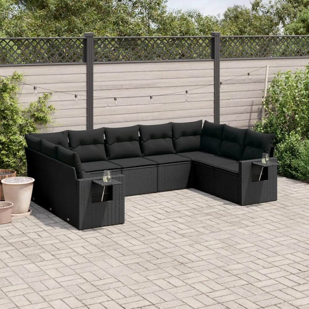 Set divani da giardino 9 pz con cuscini nero in polyrattan