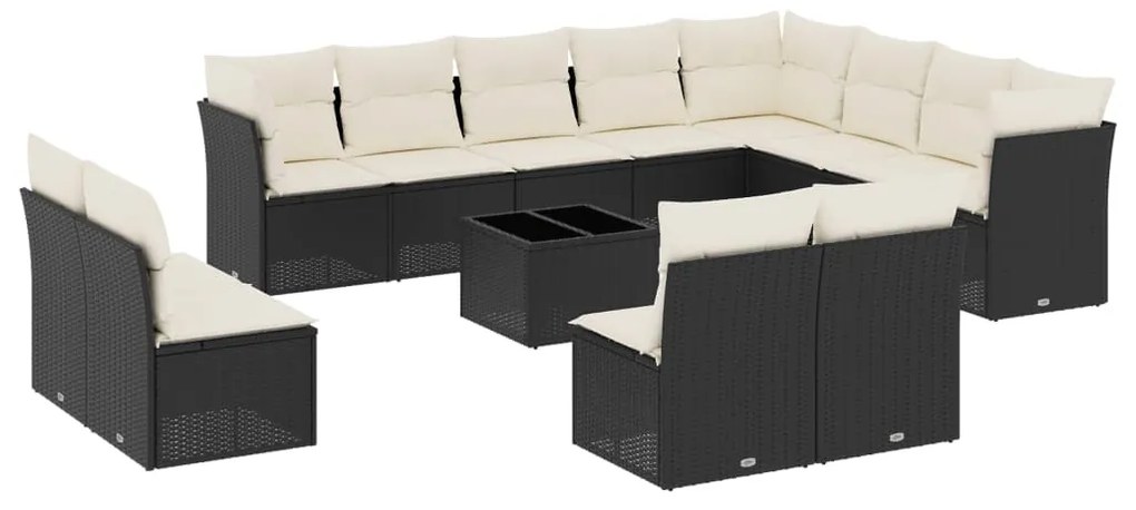 Set divani da giardino 13pz con cuscini nero in polyrattan