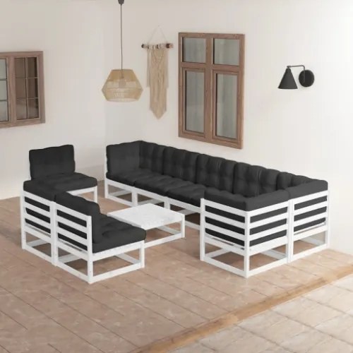 Set Divani da Giardino 10 pz con Cuscini Legno Massello di Pino