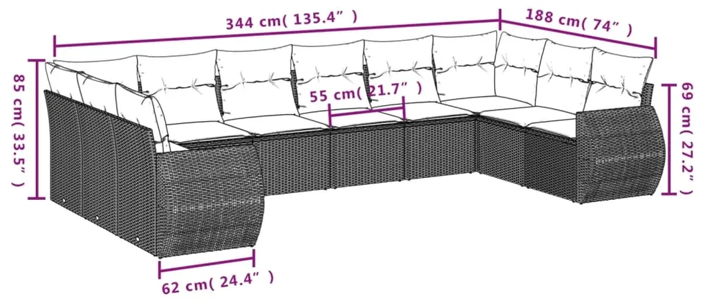 Set divani da giardino 10pz con cuscini in polyrattan nero