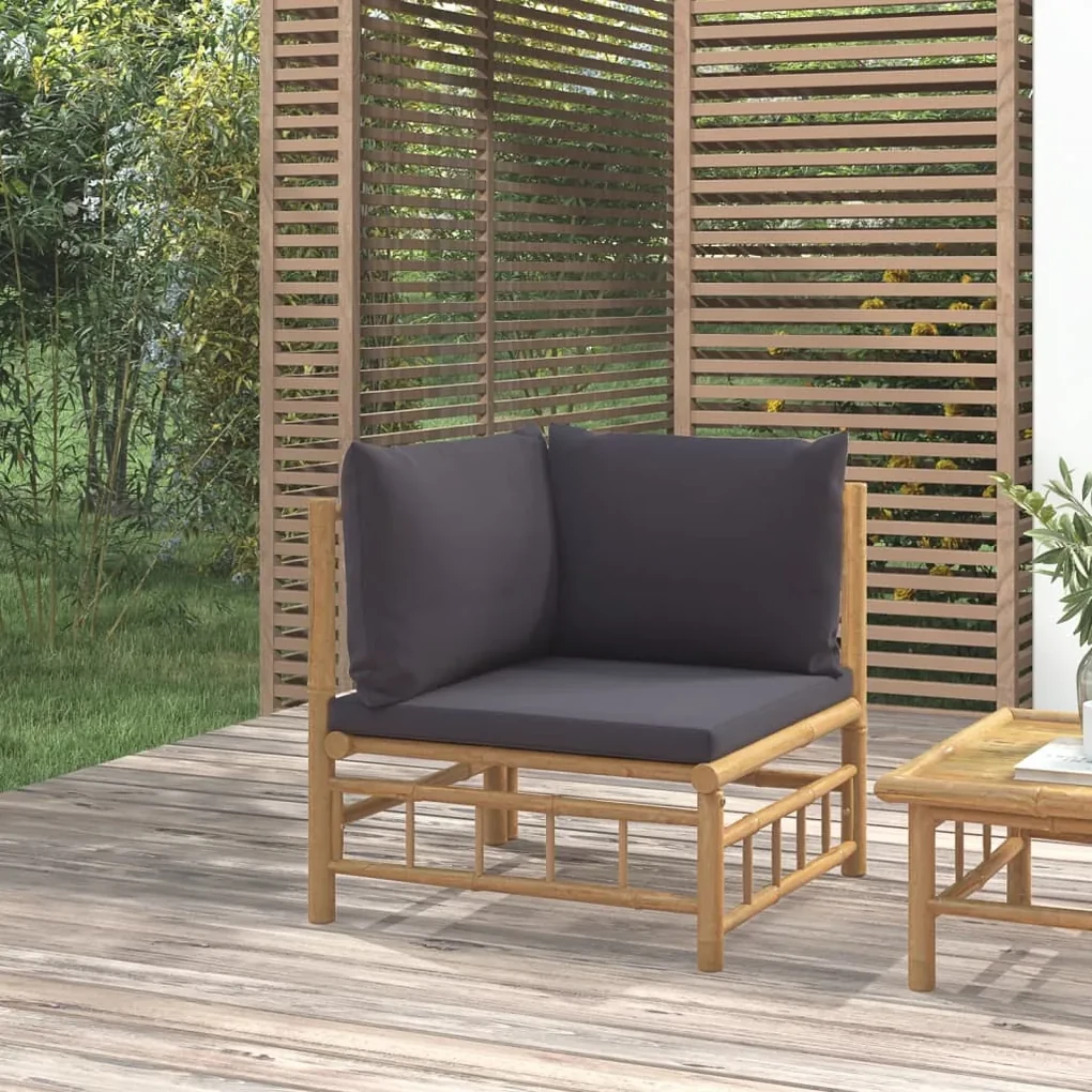 Divano angolare da giardino con cuscini grigio scuro bambù