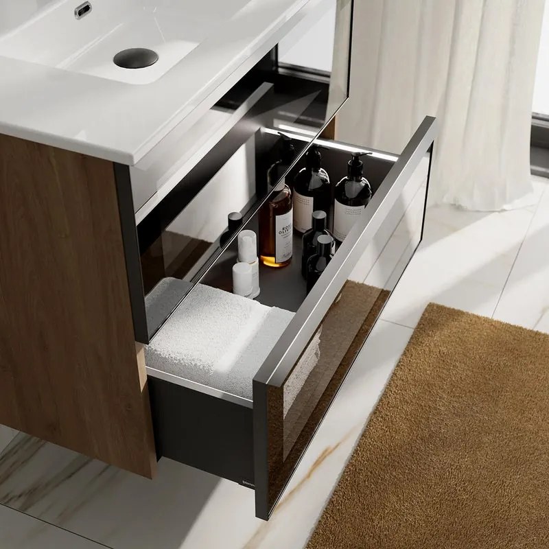 Mobile bagno con lavabo STAR L80 x H60 x P46 cm oak in vetro 2 cassetti per vasca centrale, il cassetto é dotato di illuminazione LED