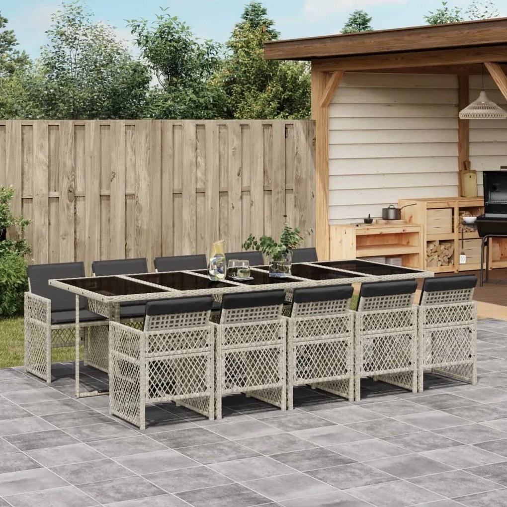 Set pranzo giardino 11pz con cuscini grigio chiaro polyrattan