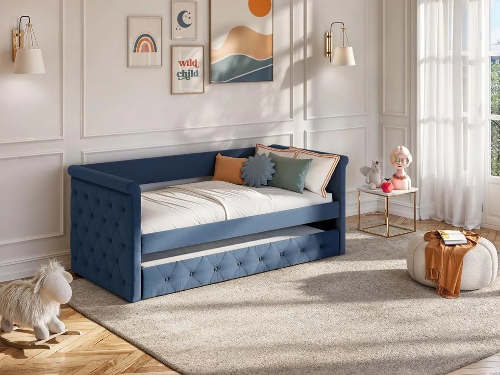 Letto singolo con letto estraibile capitonné 2 x 90 x 190 cm in tessuto blu - LOUISE