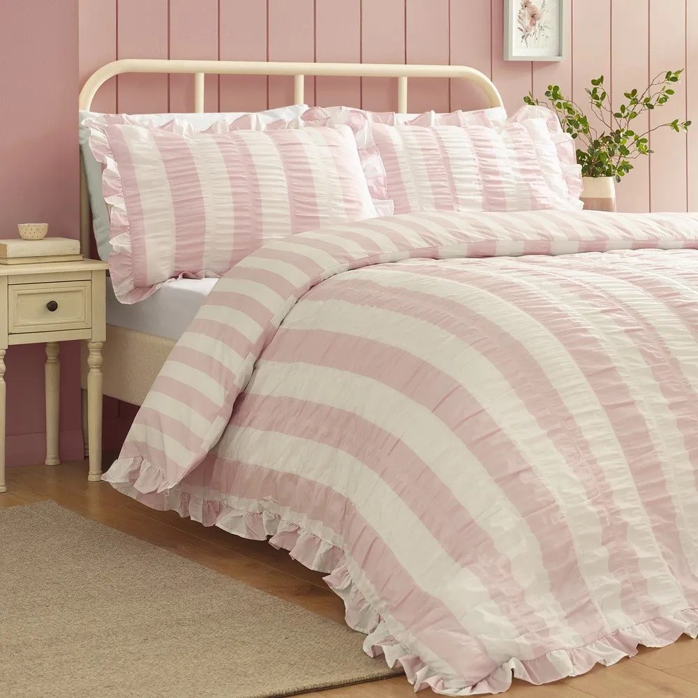 Set copripiumino e federa rosa per letto matrimoniale 3 pezzi 200x200 cm Seersucker Frill Stripe – Catherine Lansfield
