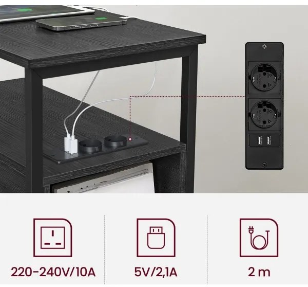 Comodino ROD nero con prese elettriche e porte USB integrate