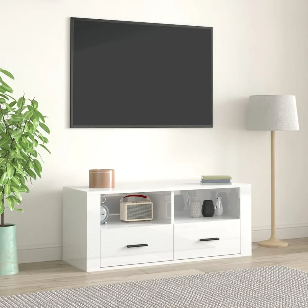 Mobile porta tv bianco lucido 100x35x40 cm in legno multistrato