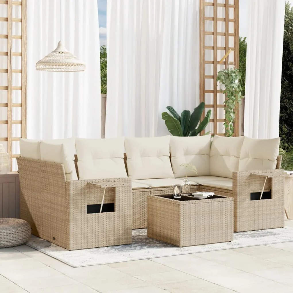 Set Divani da Giardino 7 pz con Cuscini Beige in Polyrattan