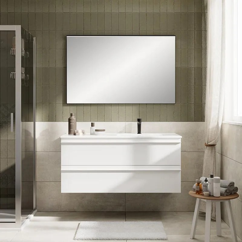 Mobile Linea L120 H55 P45 laccato bianco opaco 2 cassetti a chiusura ammortizzata e lavabo in ceramica vasca DX