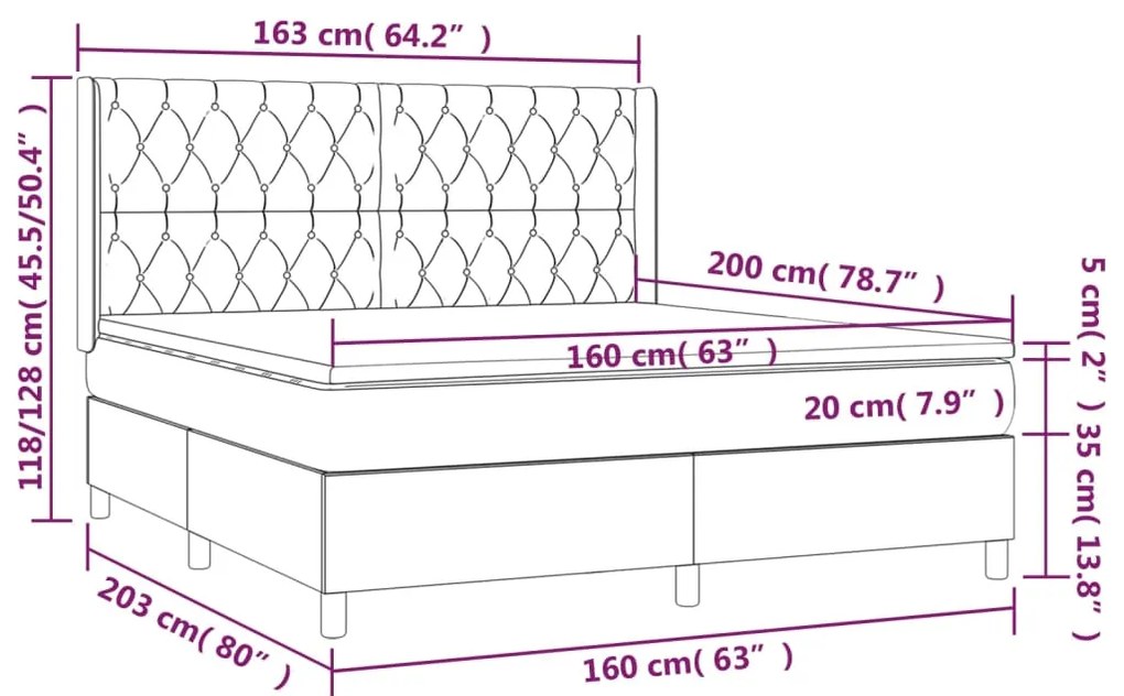 Letto a Molle Materasso e LED Grigio Scuro 160x200cm in Tessuto