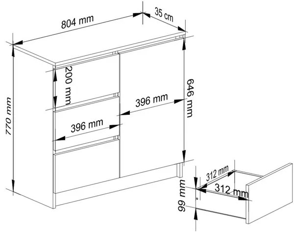 Cassettiera Credenza 80 Cm 3 Cassetti 1 Anta Laterale Artika Bianca