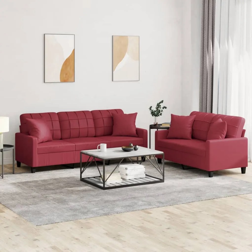 Set Di Divani 2 Pz Con Cuscini Rosso Vino İn Similpelle /