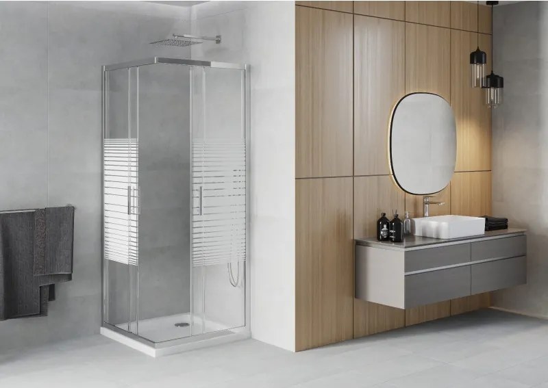 Mexen Rio cabina doccia quadrata 80 x 80 cm, fasce bianche, cromo + piatto Flat, bianco - 860-080-080-01-20-4010