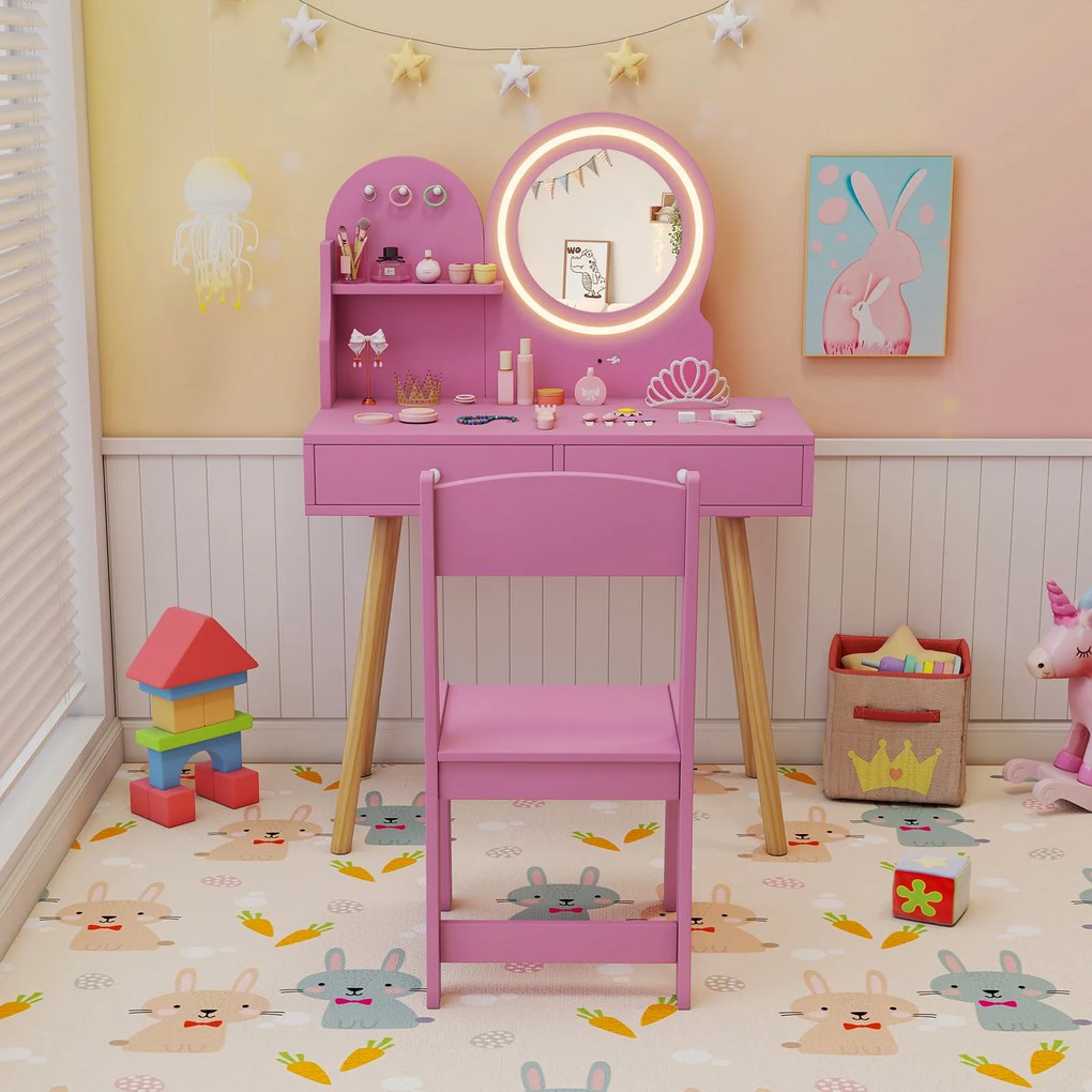 Costway Set da trucco per bambini con specchio illuminato, Set da tavolo e sedia da principessa con ripiano aperto 2 Colori