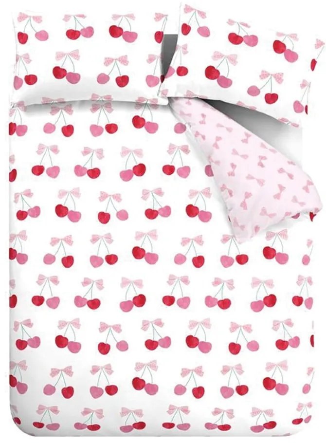 Set copripiumino e federa bianco e rosa per letto matrimoniale e per letto esteso 230x220 cm Cherries and Bows – Catherine Lansfield