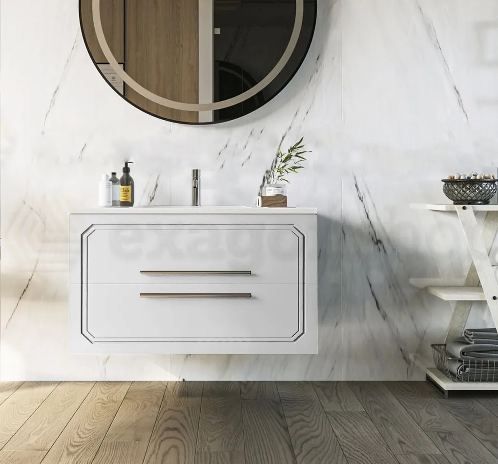 Mobile bagno bianco lucido 100x46 Vienna con lavabo ad incasso e due cassetti rifiniti con maniglie cromo