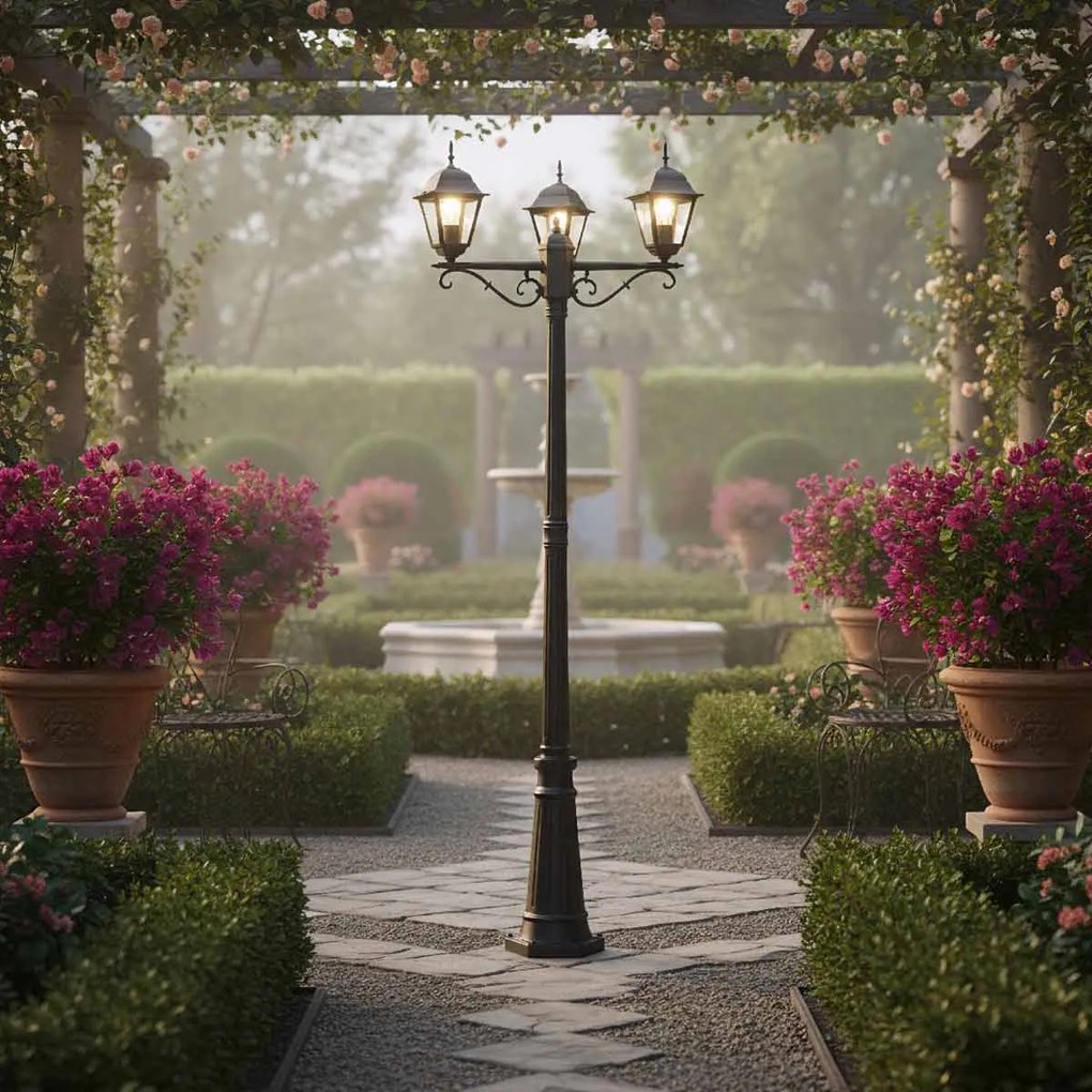 Lampione Storico con 3 Lanterne 200cm E27 IP54 Nero - Serie ALFIERI