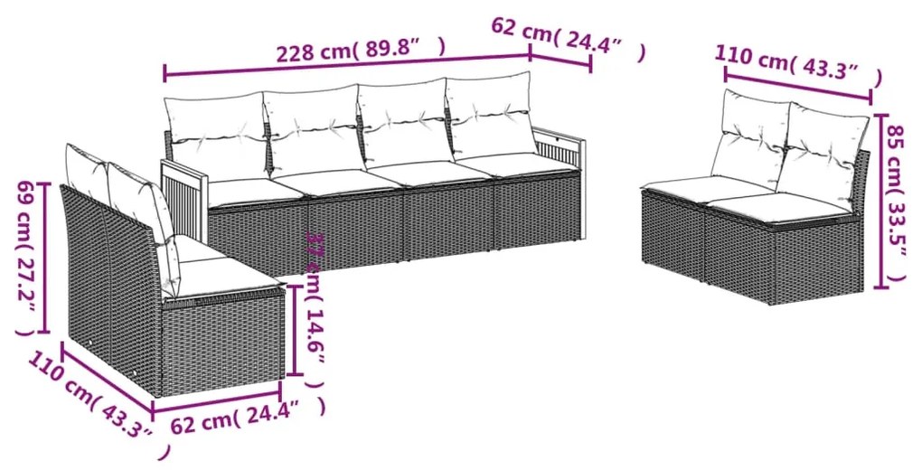 Set divano da giardino 8 pz con cuscini beige in polyrattan