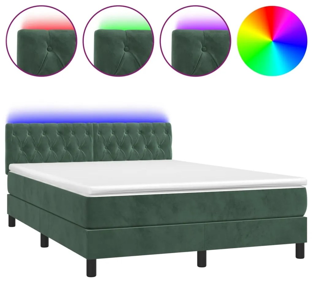 Letto a molle con materasso e led verde scuro 140x200cm velluto