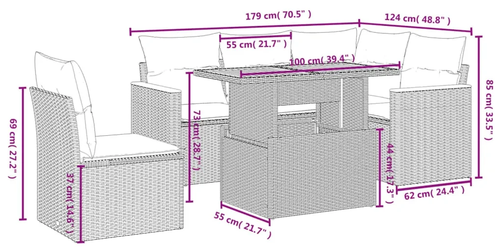 Set divano da giardino 6 pz con cuscini nero in polyrattan
