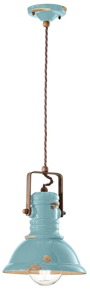 Lampadario Industrial Ferro E Ceramica Vintage Azzurro 1 Luce E27 23Cm
