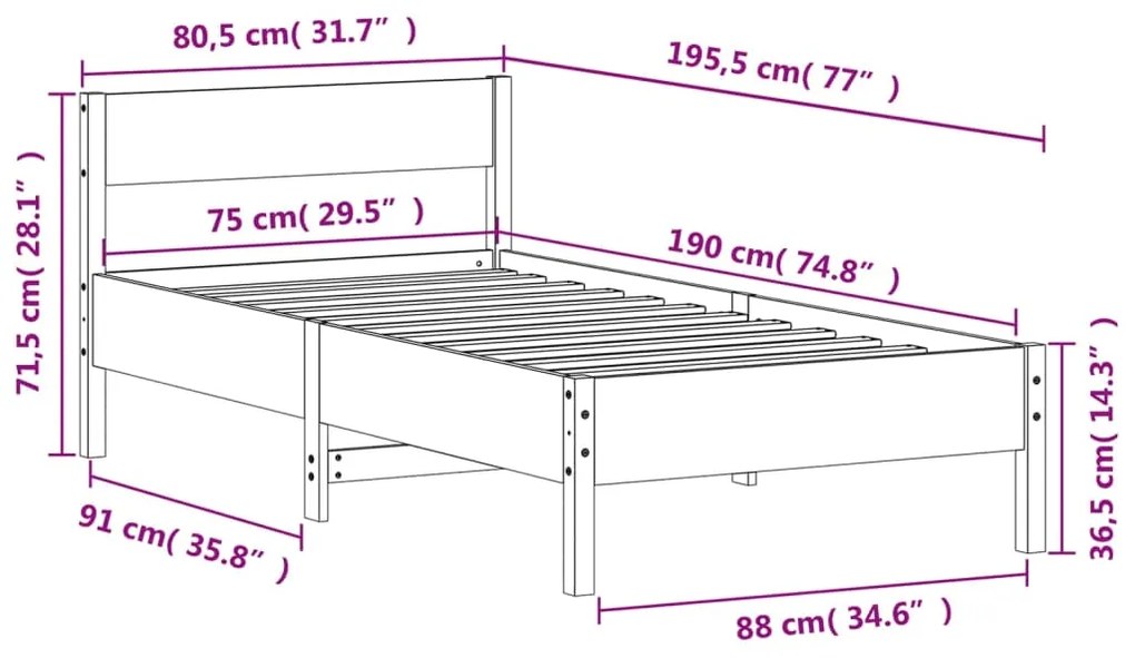 Giroletto con Testiera 75x190 cm in Legno Massello di Pino